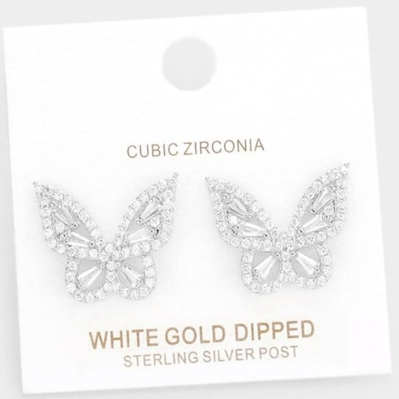 WHITE GOLD DIPPED CUBIC ZIRCONIA BUTTERFLY STUD EARRINGS - Picture 1 of 1